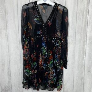 Maeve Black Sheer Dress with Orange & Green Butterfly Print